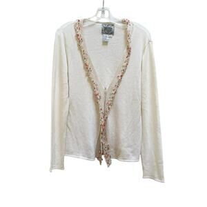 Curio Vintage Ecru Jeweled Cardigan Open Front Knit Sweater Coquette L